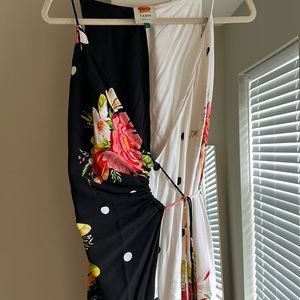 Black and white Farm Rio sleeveless wrap dress